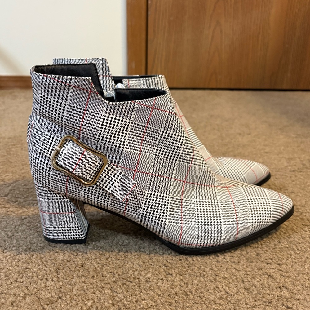 Stunning Plaid Chunky Bootie with a Pointed Toe and a Buckle Accent